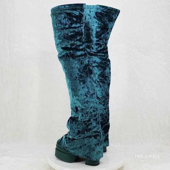 Good Will Unique Thigh High Emerald Velvet Fold over Chunky Heel Platform Boots - Picture 12 of 15